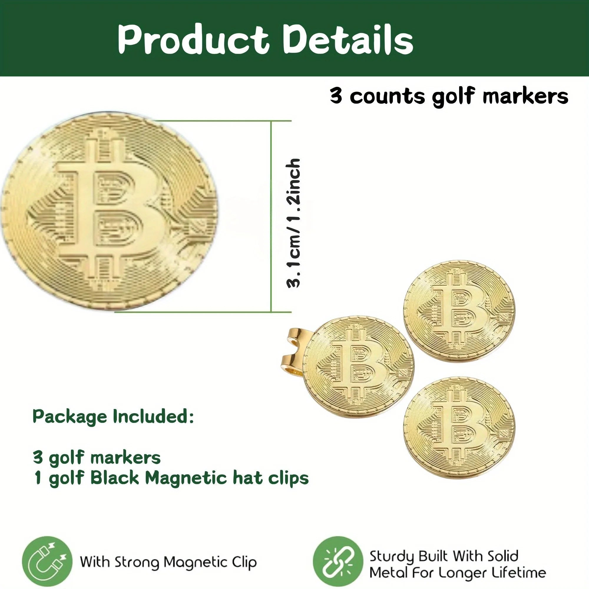 Pack de 3 Marcadores de Pelota de Golf Bitcoin Edition - Diseño de Criptomoneda con Sujeción Magnética de Alta Resistencia