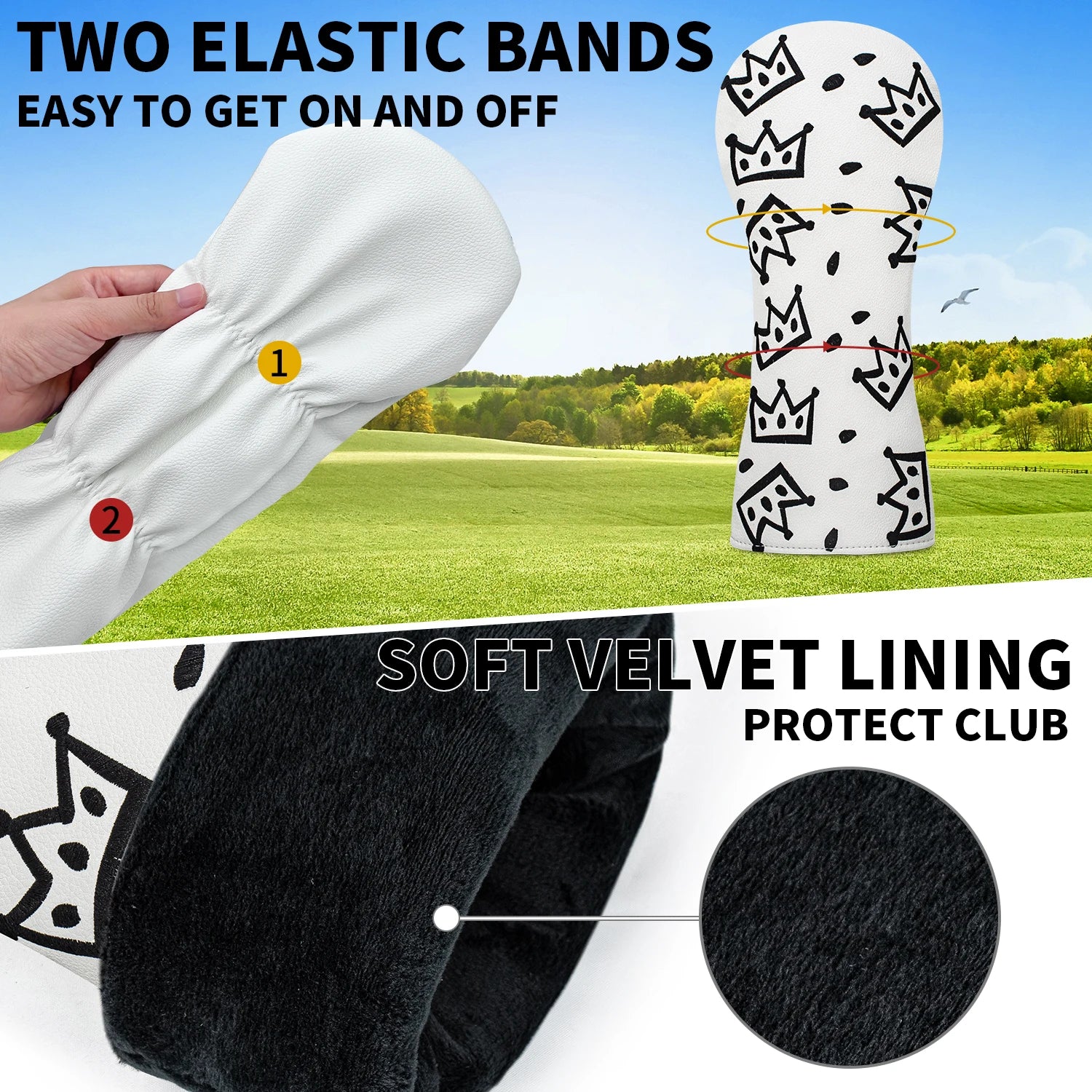 Funda de Golf Royal Crown Black & White - Protección de Cuero Sintético Premium con Diseño de Corona
